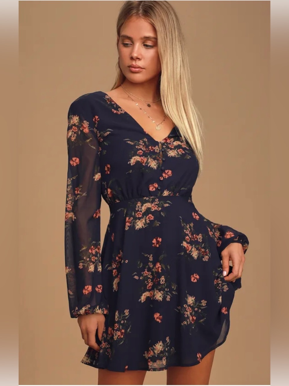 Lulu's Navy Floral V-Neck Long Sleeve Mini Dress